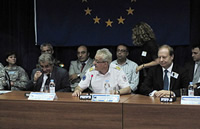 TCA Congressional Delegation receives briefing on Peacekeeping Operations in Sarajevo at Camp Butmir, from (left to right) Ambassador of Republic of Turkey to BiH, H.E. Mr. Vefahan Ocak, Major General Bernhard Bair, and G. Lincoln McCurdy, President of TCA.